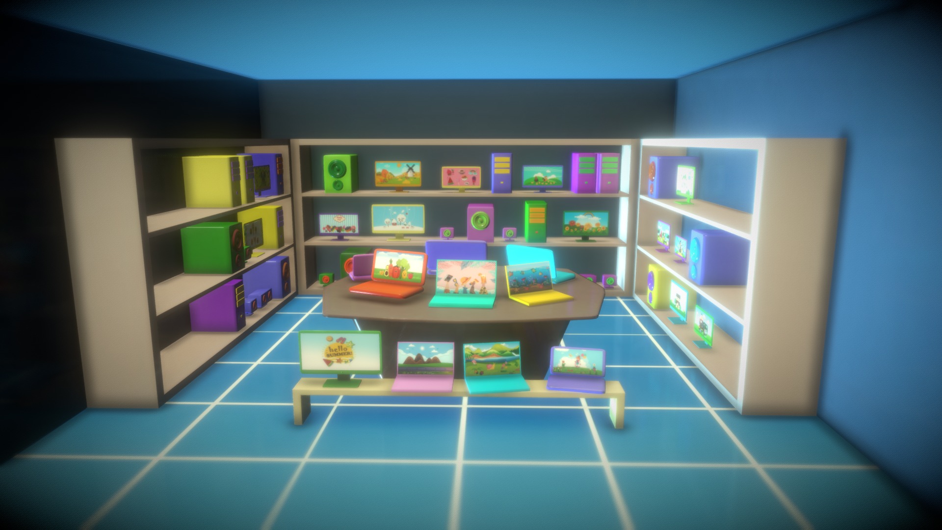 3D model Cartoon Shop Computer - This is a 3D model of the Cartoon Shop Computer. The 3D model is about a room with shelves and a table.