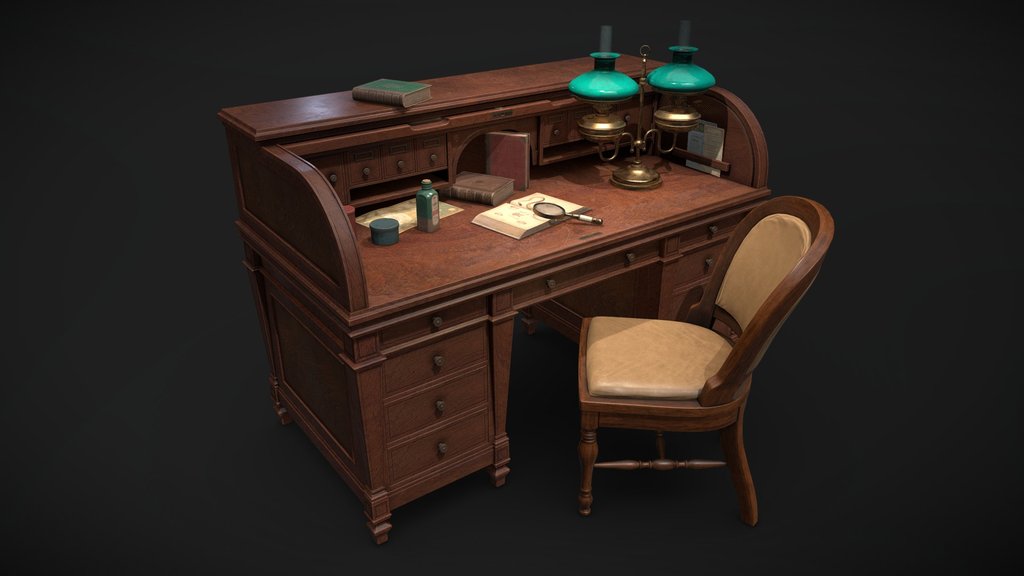 Antique wooden desk with props