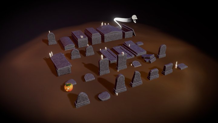 Stylized Cemetery Head Stones And Sarcophagi 3D Model