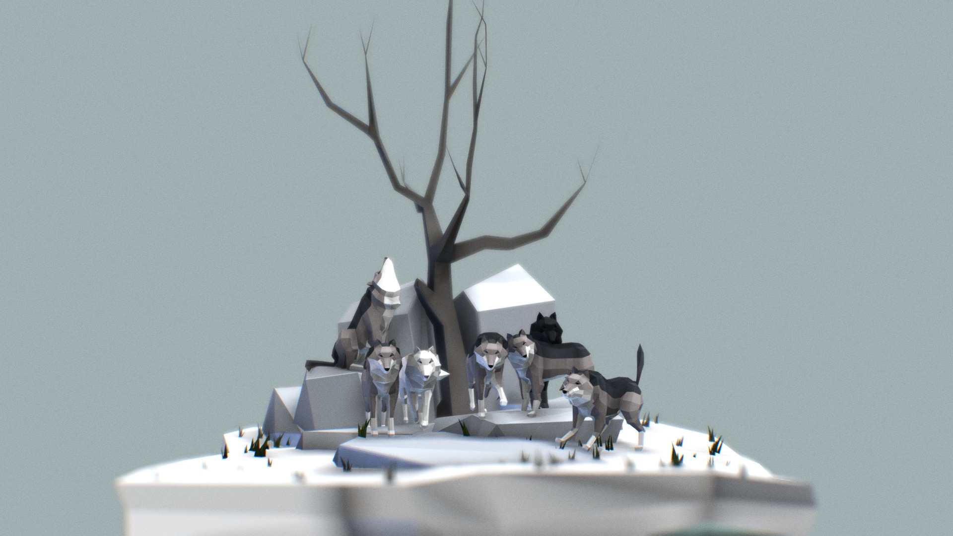 3D model Wolves - This is a 3D model of the Wolves. The 3D model is about a group of penguins on a white platform with a tree in the background.