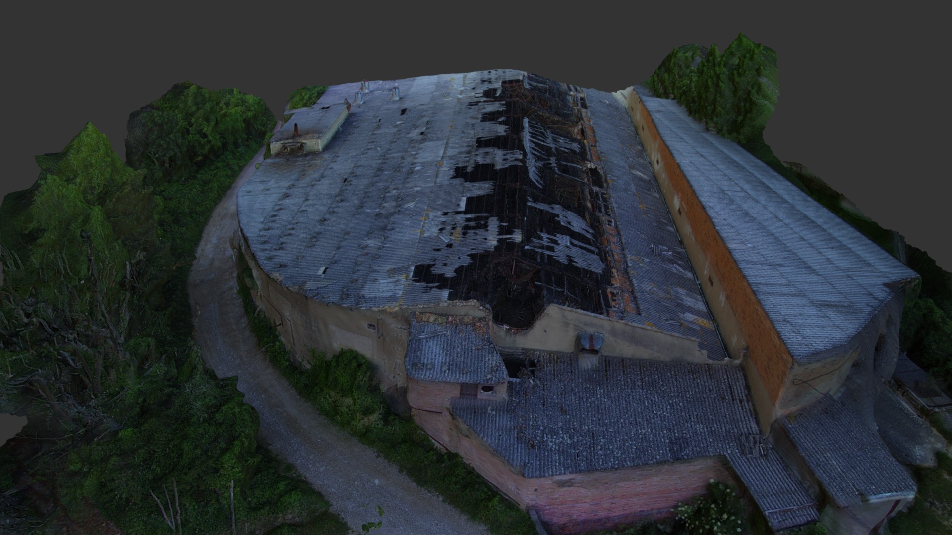 3D model Burned factory cover - This is a 3D model of the Burned factory cover. The 3D model is about a building with a roof.