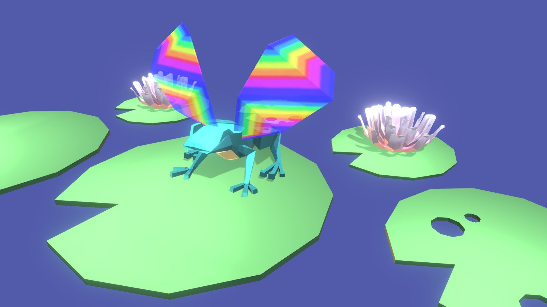 Low-poly Frog, Lily Pads and Flowers