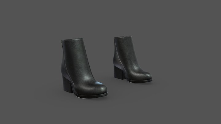 Black Leather Mid Thick Heels Ankle Female Boots 3D Model