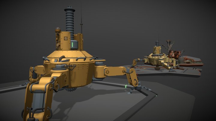 Three states from new to destroyed Driller Mech 3D Model
