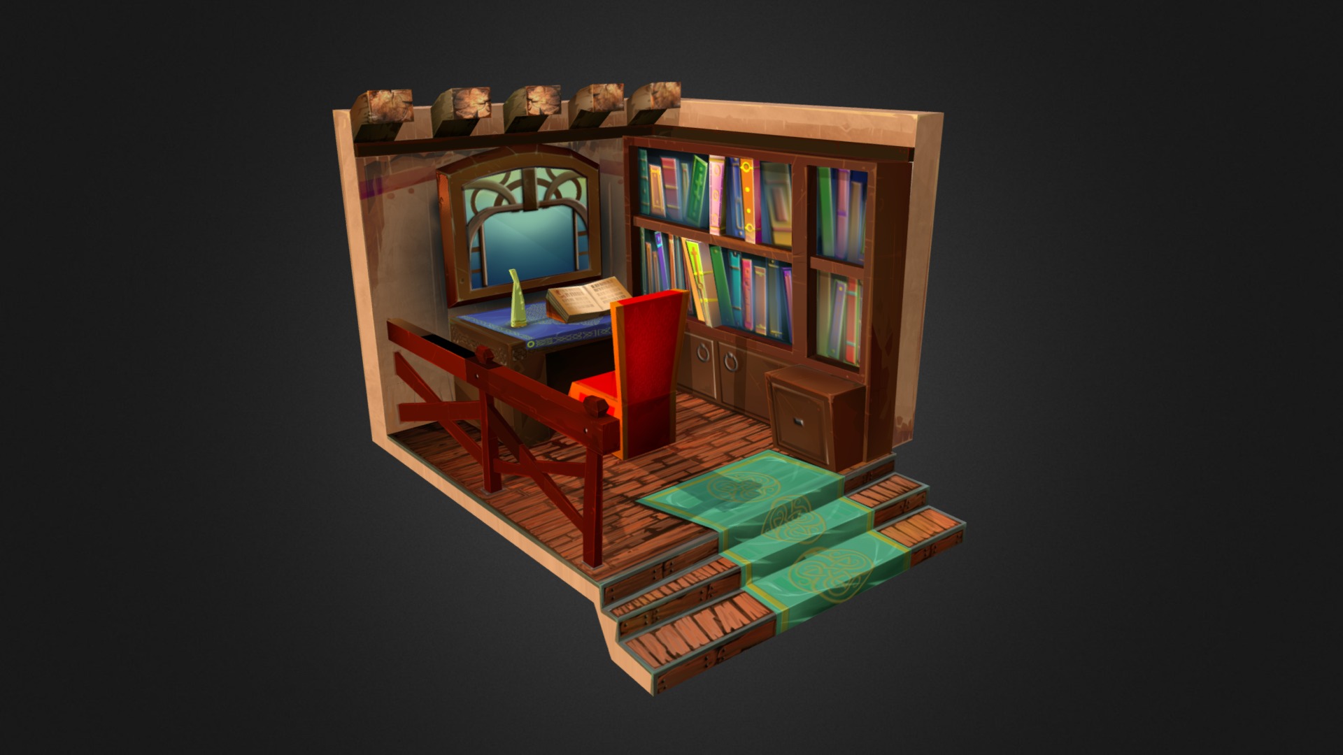 3D model Medieval Library Interior - This is a 3D model of the Medieval Library Interior. The 3D model is about a room with a desk and chair.