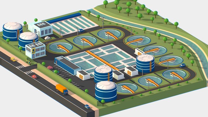 Isometric Water Treatment Plant Large Size 3D Model