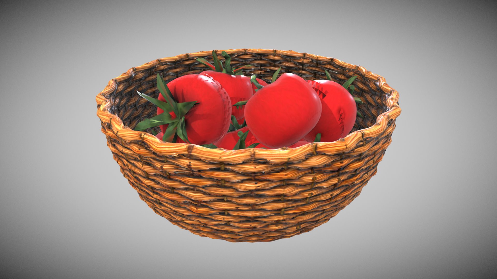 3D model Tomatoes Basket - This is a 3D model of the Tomatoes Basket. The 3D model is about a basket of red and green tomatoes.