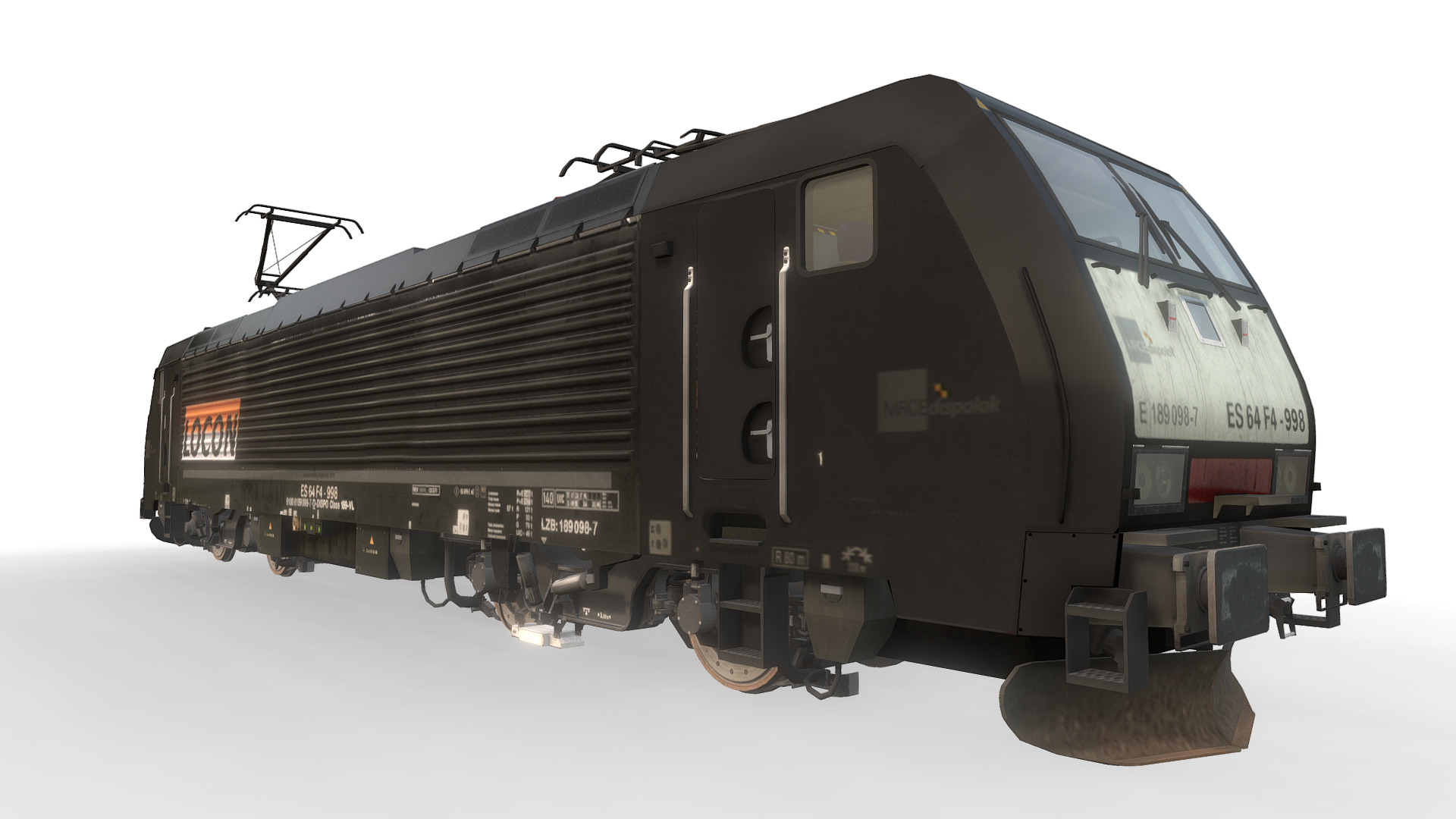 3D model Locomotive ES64F4 – 189 098-7 – MRCE / LOCON - This is a 3D model of the Locomotive ES64F4 - 189 098-7 - MRCE / LOCON. The 3D model is about a black vehicle with a white background.