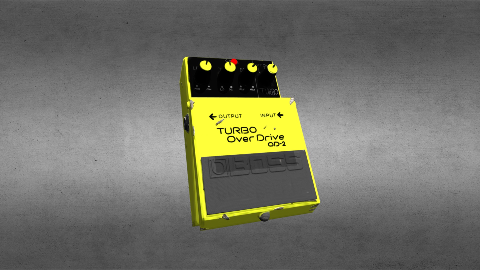 3D model Distortion Guitar Pedal - This is a 3D model of the Distortion Guitar Pedal. The 3D model is about a yellow and black electronic device.