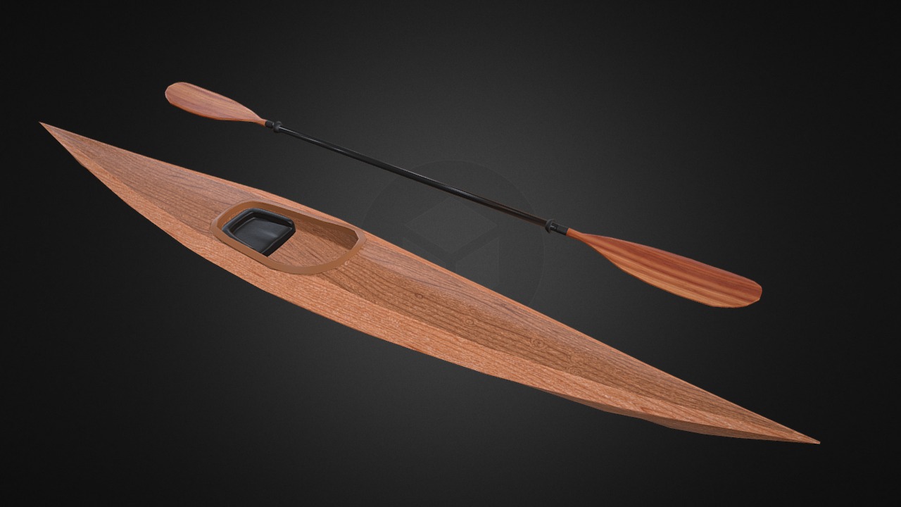 3D model Wooden Kayak & Paddle - This is a 3D model of the Wooden Kayak & Paddle. The 3D model is about a wooden sword with a handle.