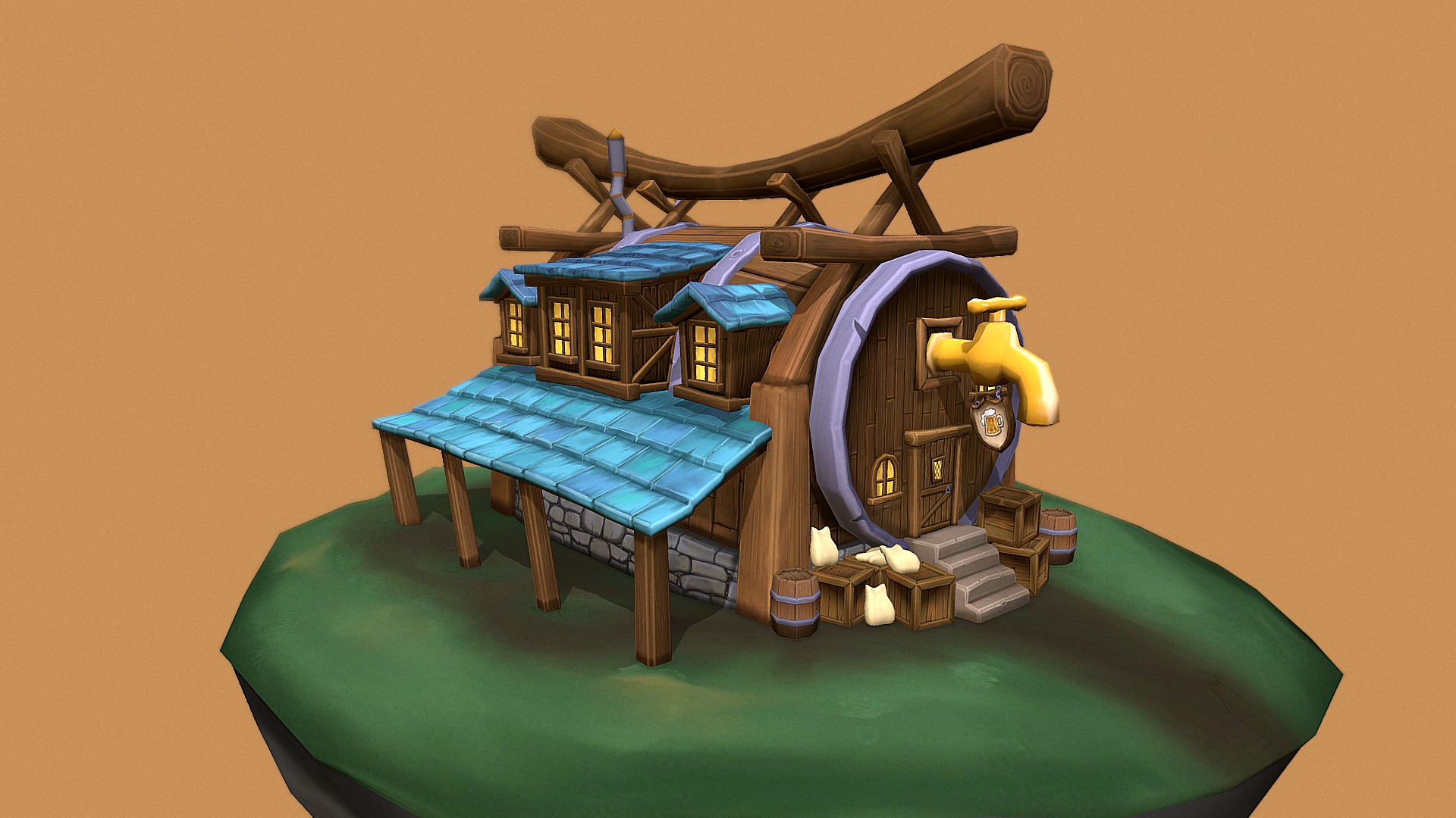 3D model Tavern – Hand Painted - This is a 3D model of the Tavern - Hand Painted. The 3D model is about a toy house on a green surface.