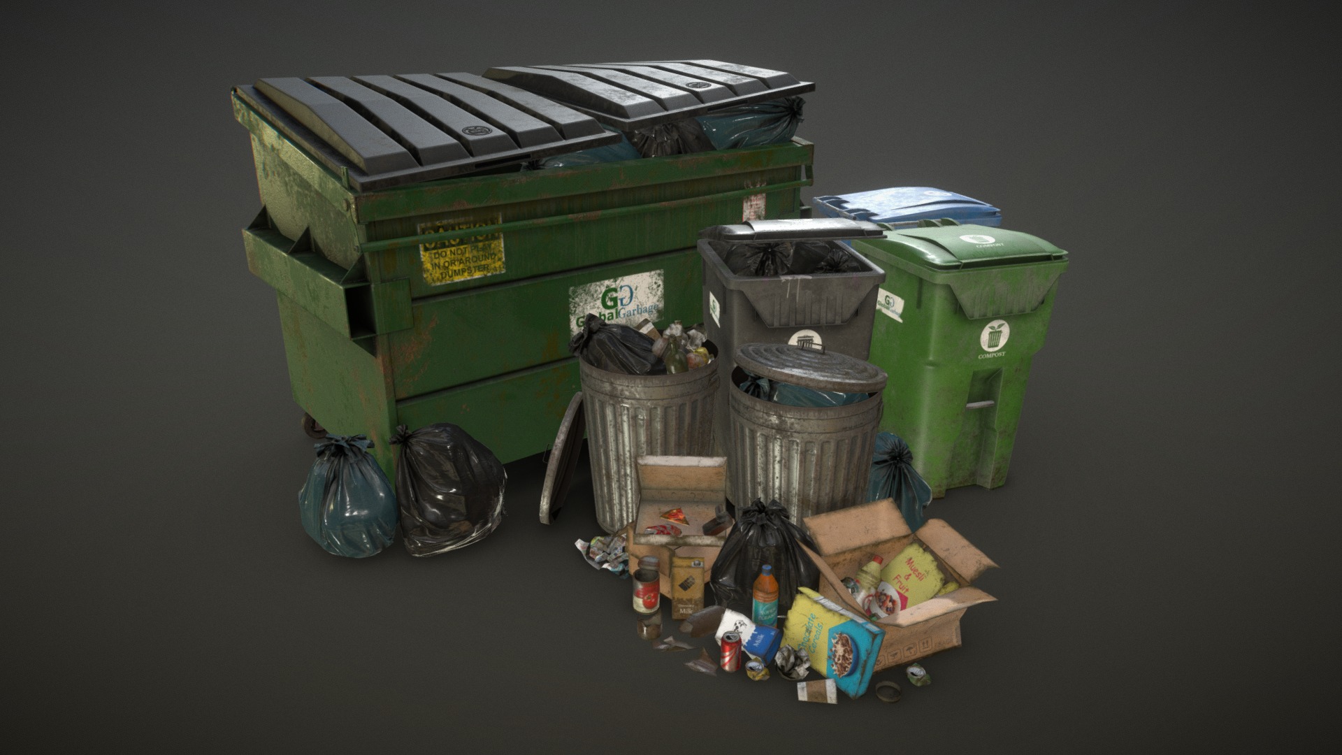 3D model Urban Trash Pack Vol 3 – Low Poly - This is a 3D model of the Urban Trash Pack Vol 3 - Low Poly. The 3D model is about a group of garbage cans and a green garbage can.