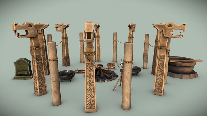 Stylized ritual altar columns bonfire grave 3D Model