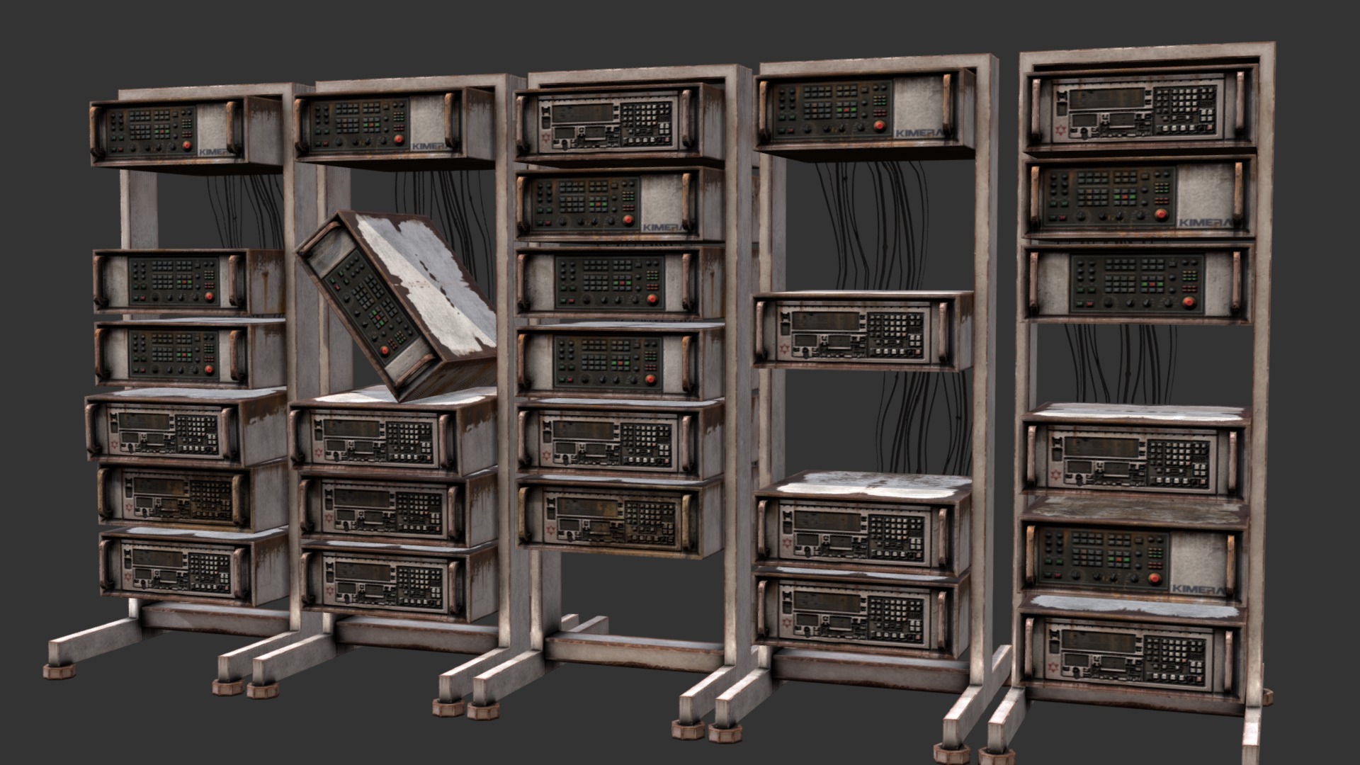 3D model Ruined Computer Racks - This is a 3D model of the Ruined Computer Racks. The 3D model is about a group of computer servers.