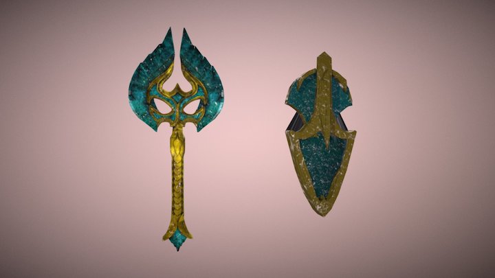 Glass War Axe and Heart Shield 3D Model