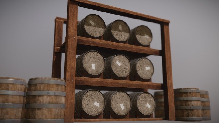 Wine Barrels with Shelf 3D Model