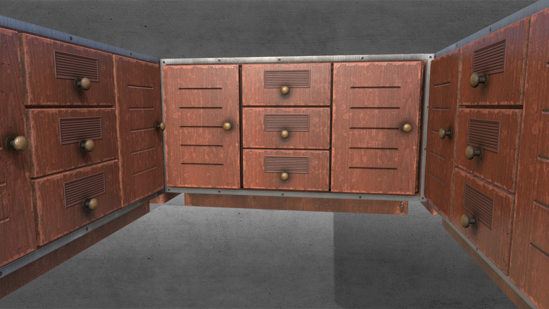 3D model Wooden cupboard set - This is a 3D model of the Wooden cupboard set. The 3D model is about a group of wooden drawers.