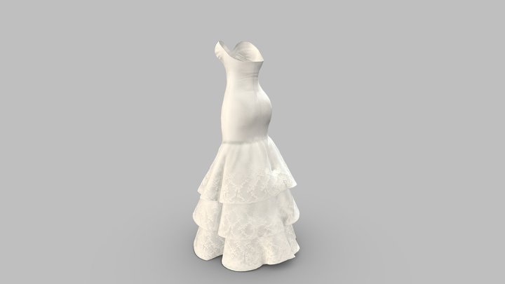 3 Tiers Female White Wedding Dress 3D Model