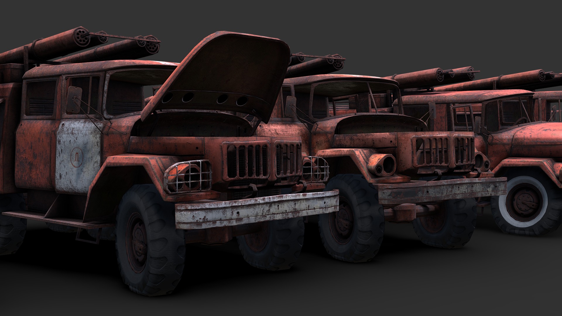 3D model Chernobyl Fire Engines (ZIL 131) - This is a 3D model of the Chernobyl Fire Engines (ZIL 131). The 3D model is about a couple of old cars.
