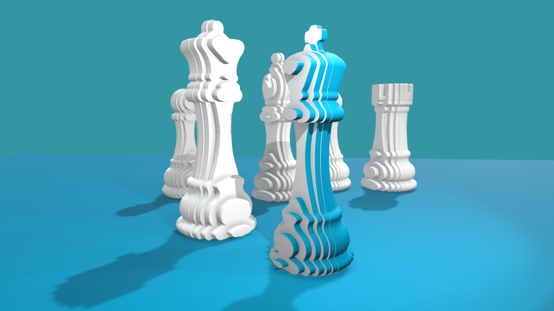 3D model CHESS PIECES on blue background - This is a 3D model of the CHESS PIECES on blue background. The 3D model is about a group of white and blue chess pieces.