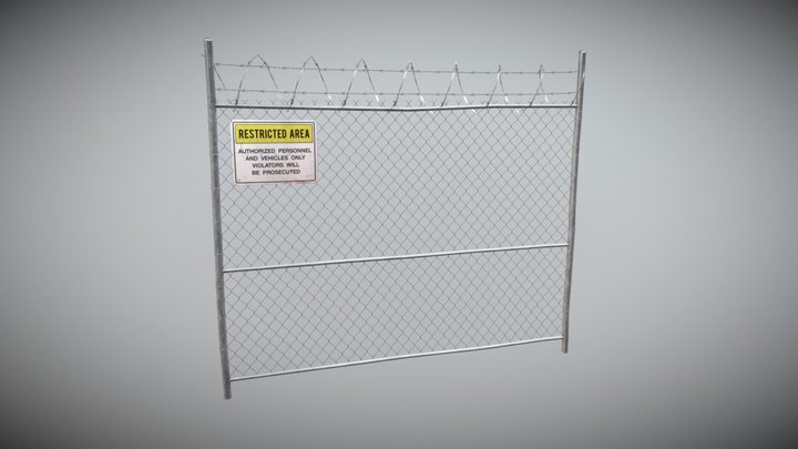 Damaged Metal Fence with Sign 3D Model