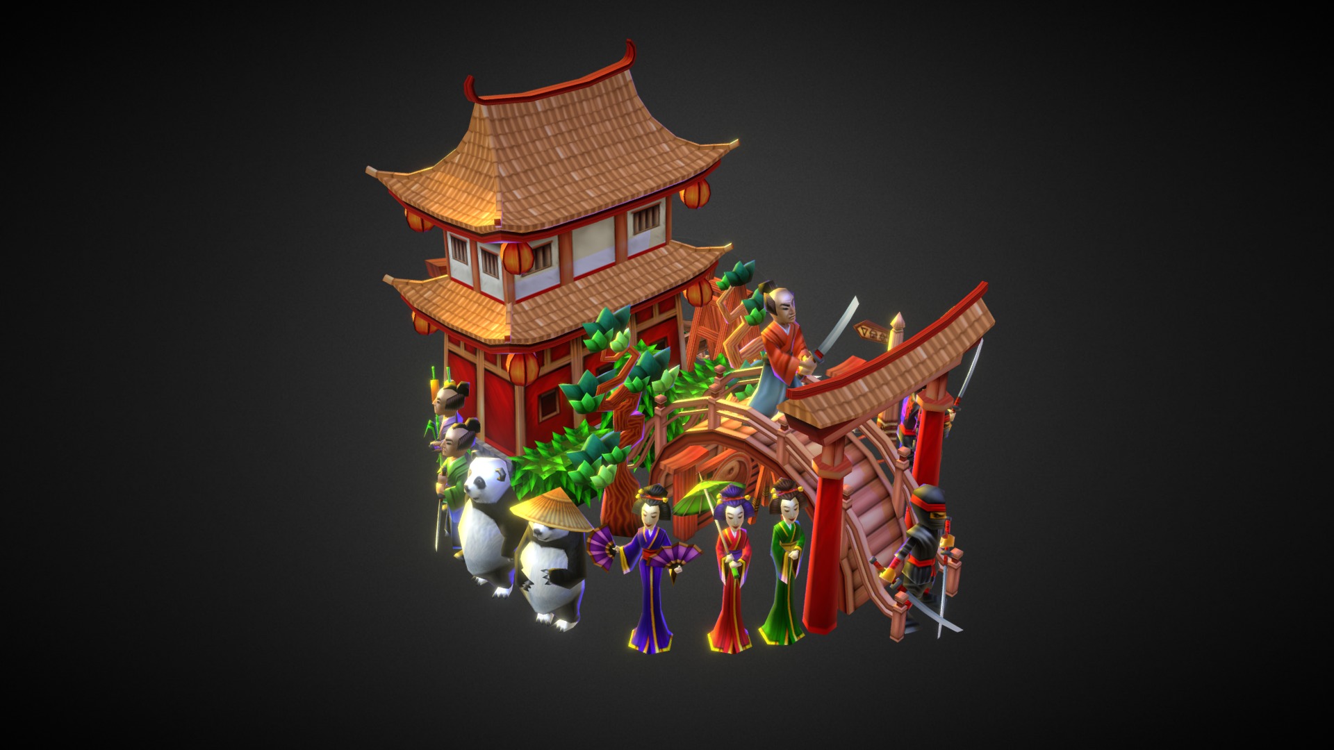 3D model Low-poly Asian Pack - This is a 3D model of the Low-poly Asian Pack. The 3D model is about a gingerbread house with decorations.