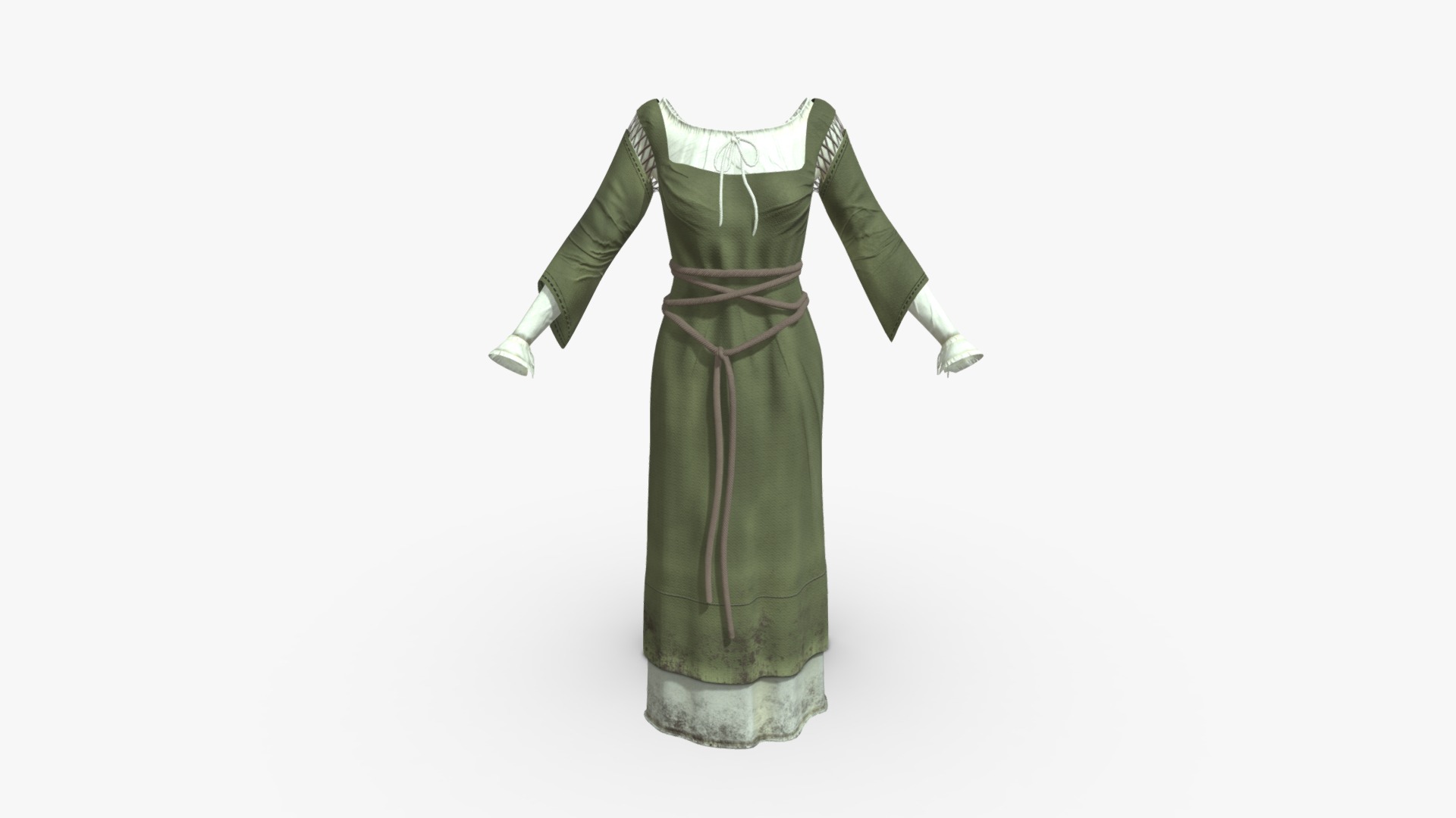 3D model Medieval Peasant Linen Dress - This is a 3D model of the Medieval Peasant Linen Dress. The 3D model is about a green dress with gloves.