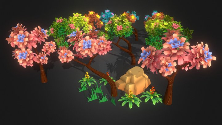 Stylized Hand Painted Trees 3D Model