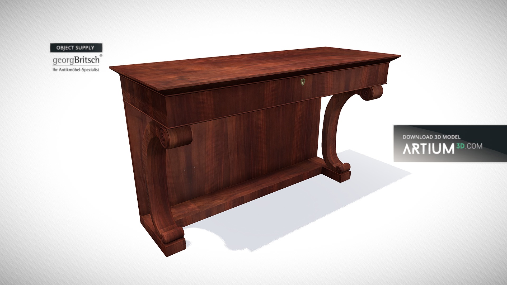 3D model Biedermeier console table – Georg Britsch - This is a 3D model of the Biedermeier console table - Georg Britsch. The 3D model is about a wooden table with a white background.