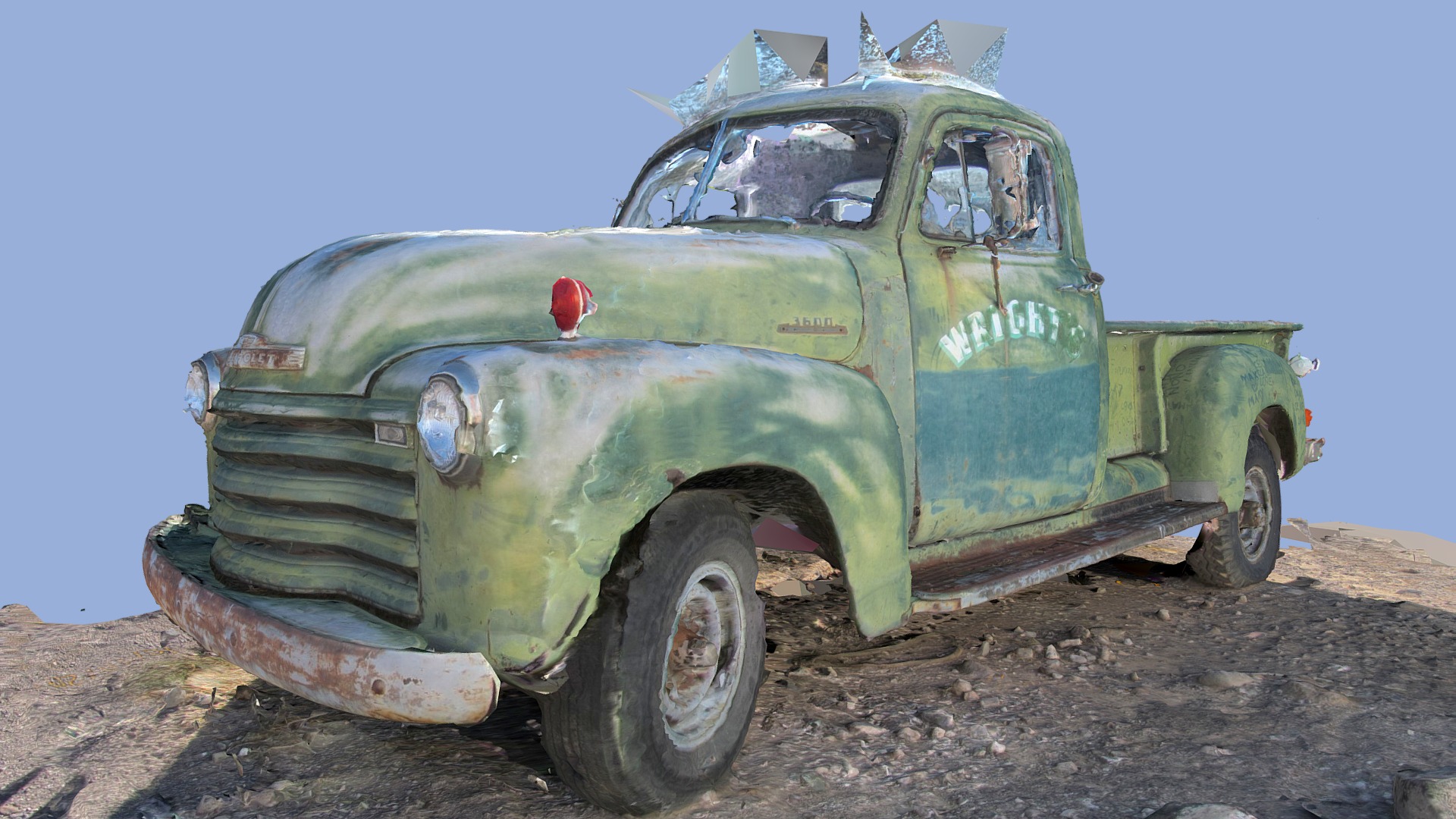 3D model Green Truck - This is a 3D model of the Green Truck. The 3D model is about a green truck parked on a dirt road.