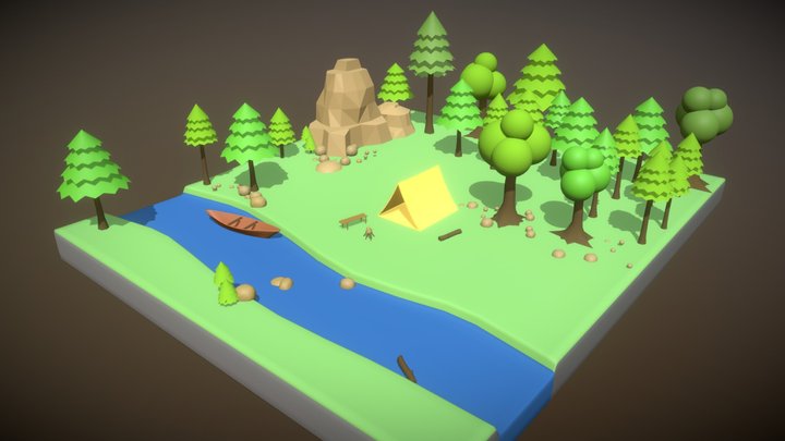 Lowpoly landscap Forest camp 3D Model