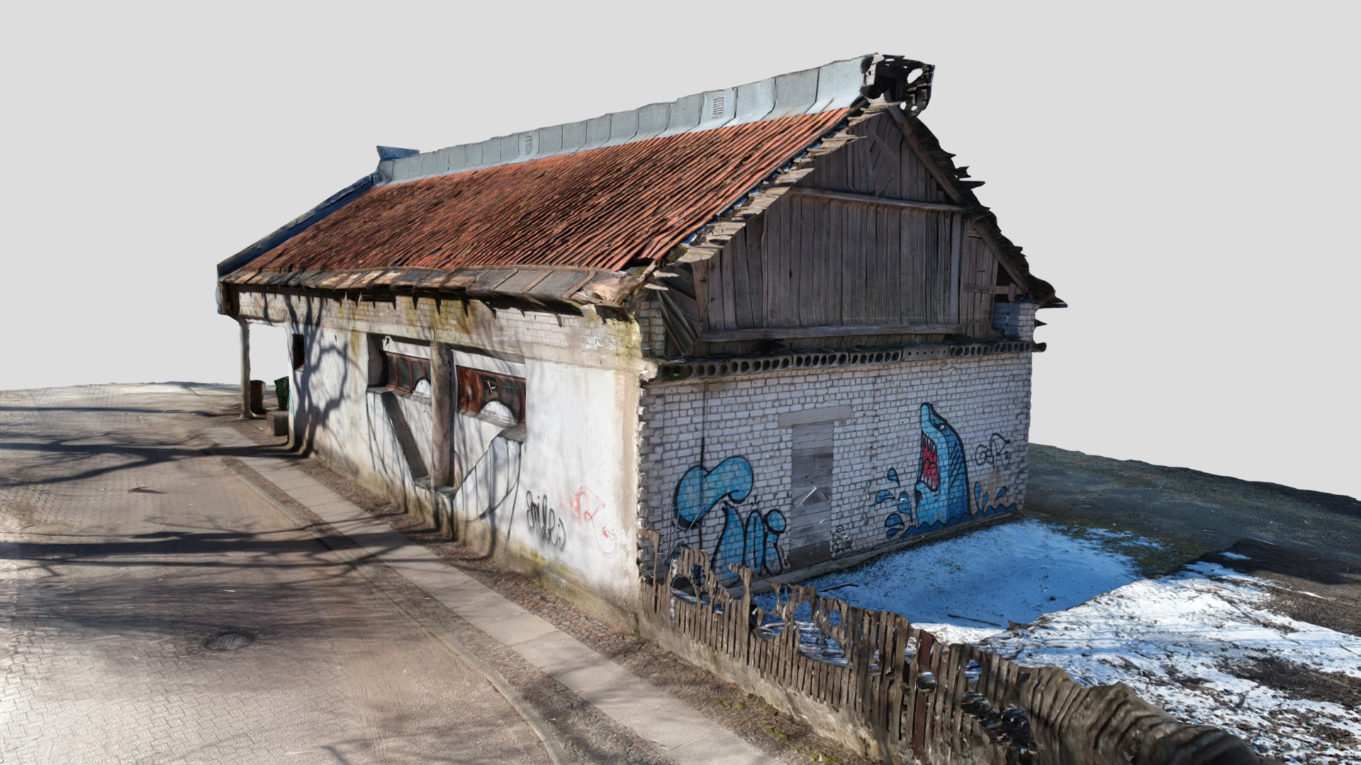 3D model Old Abandoned Farm House - This is a 3D model of the Old Abandoned Farm House. The 3D model is about a building with graffiti on it.