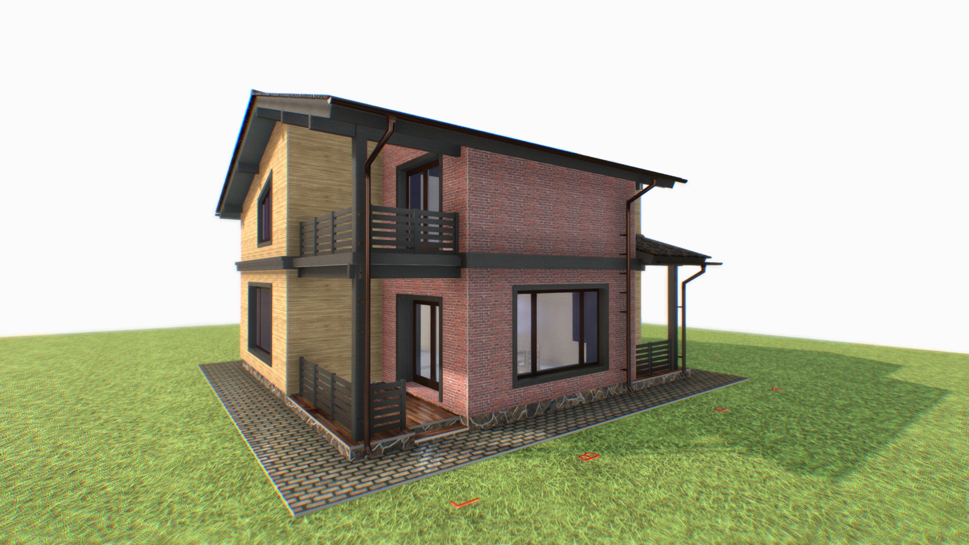 3D model Эскизный проект 2-х этажного коттеджа - This is a 3D model of the Эскизный проект 2-х этажного коттеджа. The 3D model is about a house on a grassy hill.