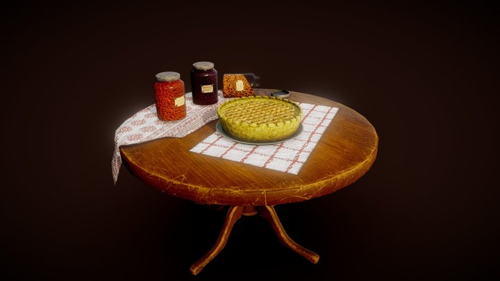 vintage table with apple pie and compote 3D Model