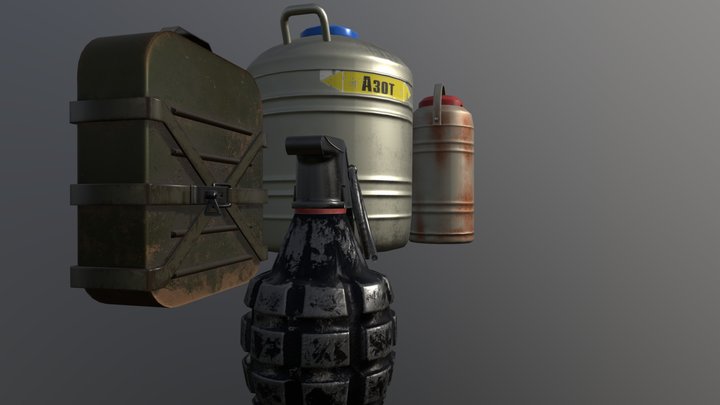 grenade, nitrogen barrels, ammo bag 3D Model