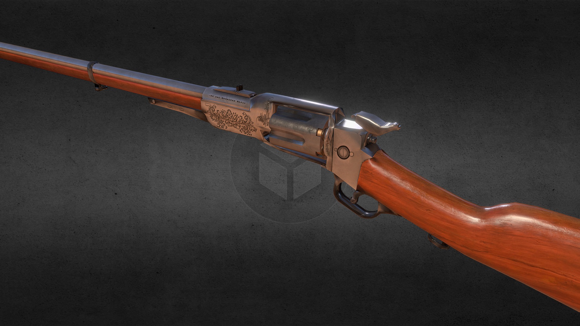 3D model Revolver Rifle - This is a 3D model of the Revolver Rifle. The 3D model is about a rifle on a black surface.