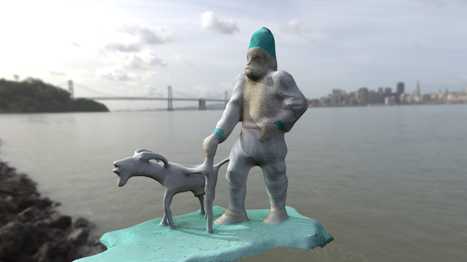 3D model Sculpture of Shepherd - This is a 3D model of the Sculpture of Shepherd. The 3D model is about a toy figurine of a cat and a dog on a blue platform by water.