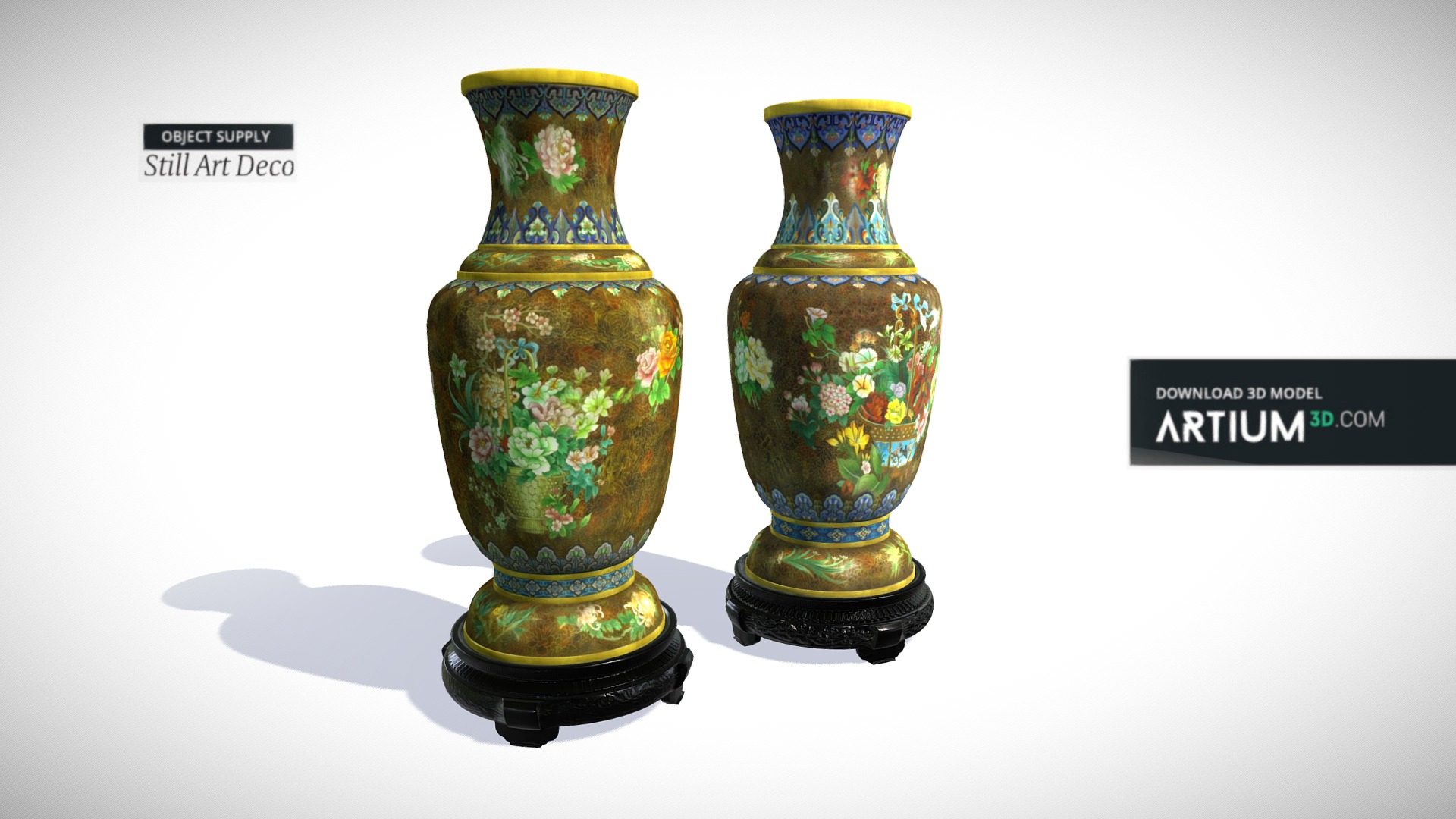 3D model Paar cloisonné enamel vases, Chine about 1900 - This is a 3D model of the Paar cloisonné enamel vases, Chine about 1900. The 3D model is about a couple of vases with colorful designs.