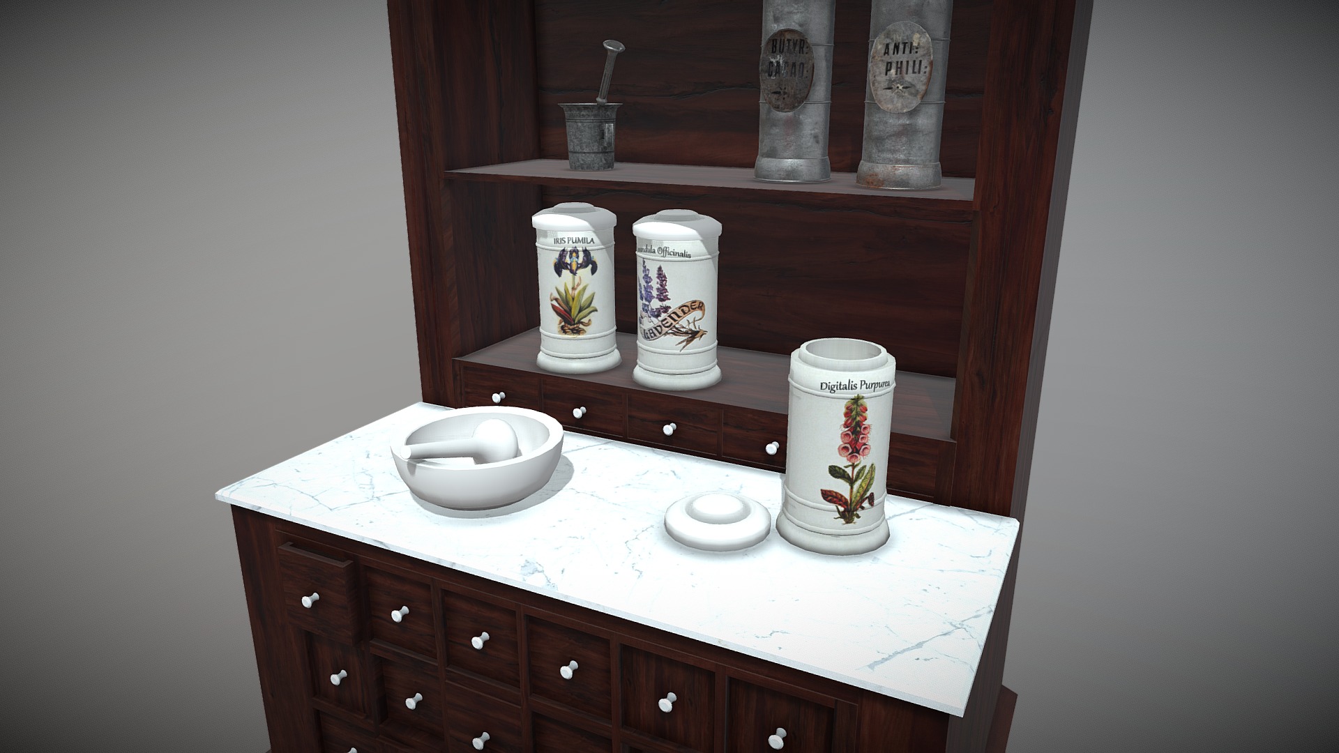 3D model Pharmacy Vases - This is a 3D model of the Pharmacy Vases. The 3D model is about a counter with cups and saucers on it.