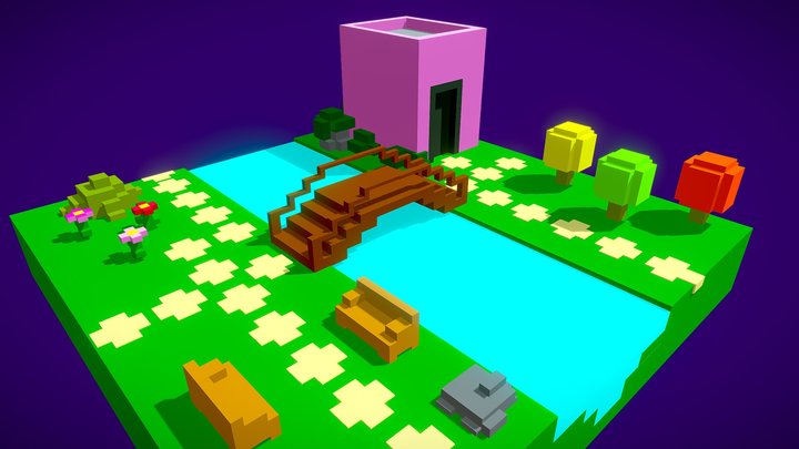Isometric World 3D Garden - Voxel Art Diorama 3D Model