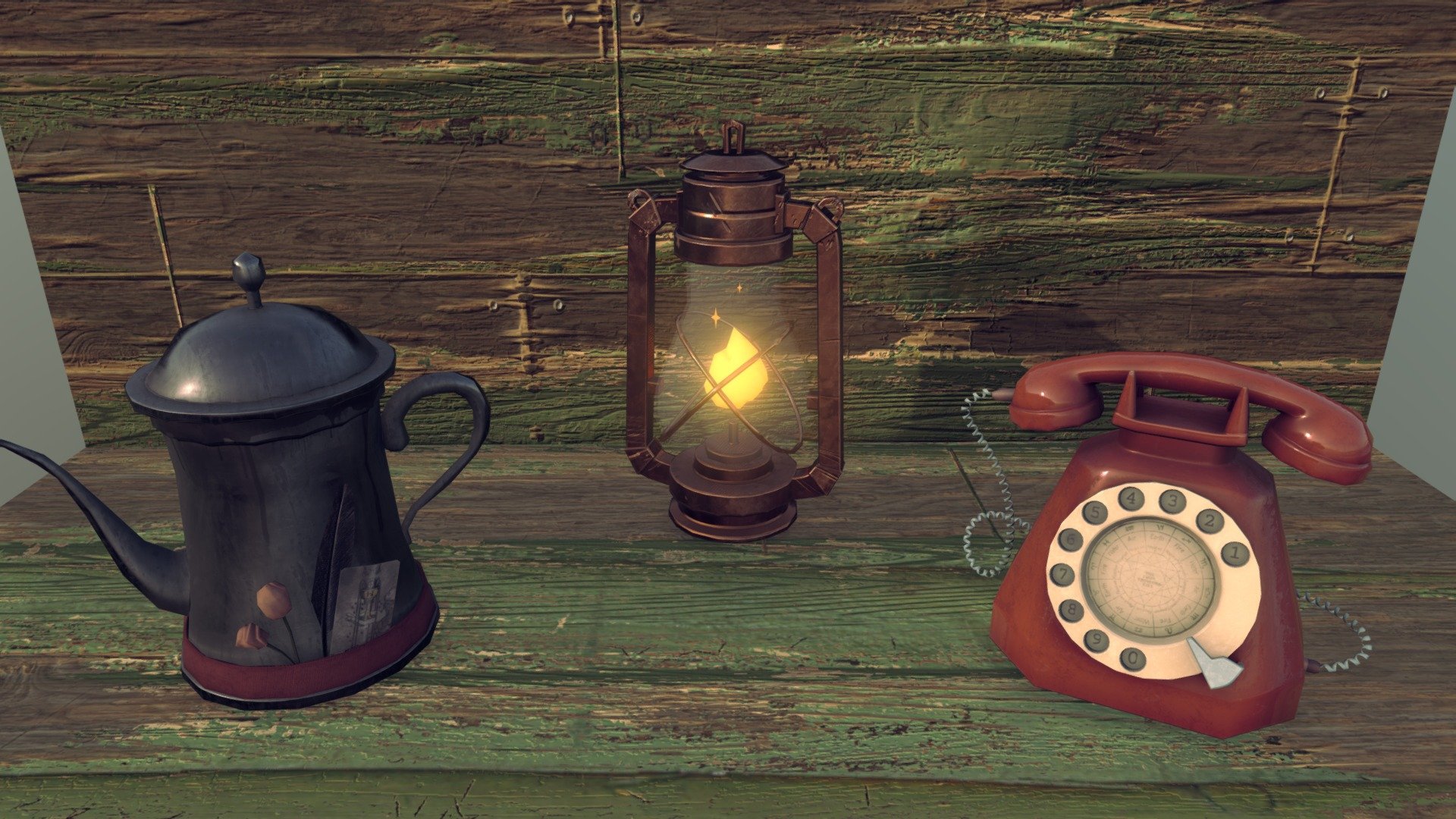 Coffeepot, lantern, phone
