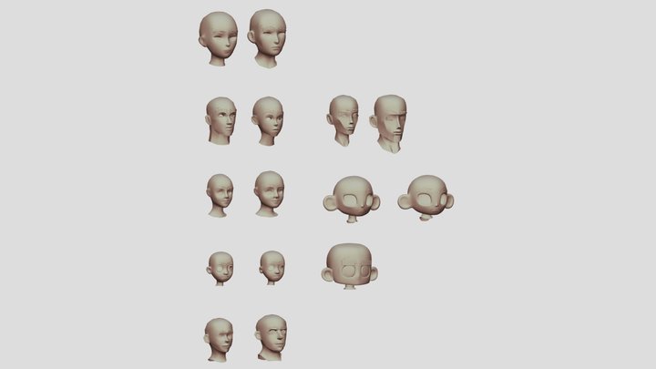 Pack of Female and Male heads with 10 eyebrows 3D Model