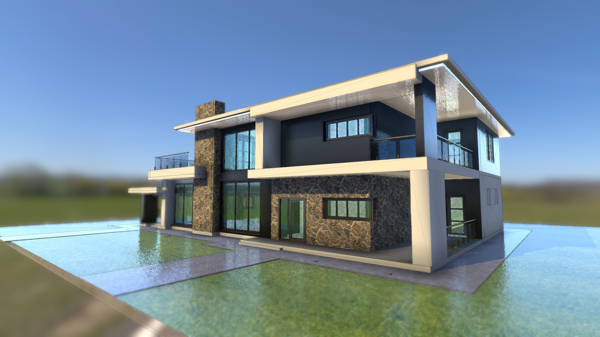 3D model Modern large cottage for big family - This is a 3D model of the Modern large cottage for big family. The 3D model is about a house on a body of water.