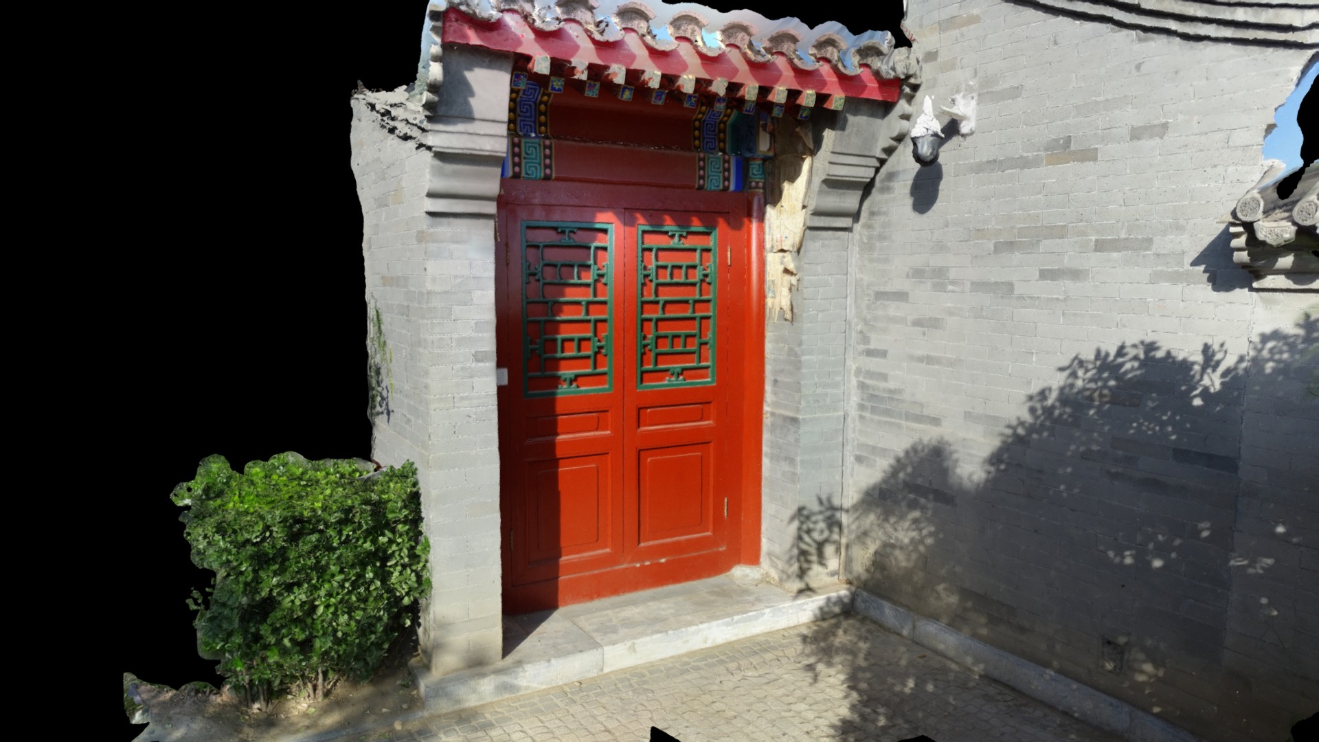 3D model 2016-10 – Beijing 14 - This is a 3D model of the 2016-10 - Beijing 14. The 3D model is about a red door on a stone building.