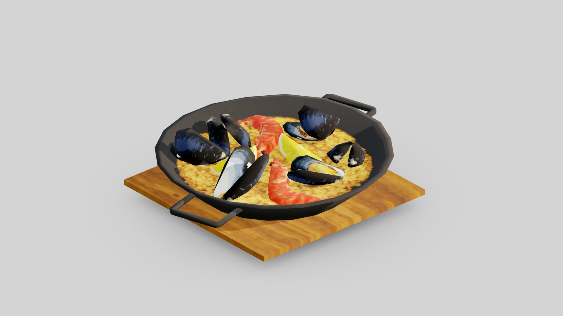 3D model Seafood Paella Low-poly - This is a 3D model of the Seafood Paella Low-poly. The 3D model is about a black and yellow shoe.