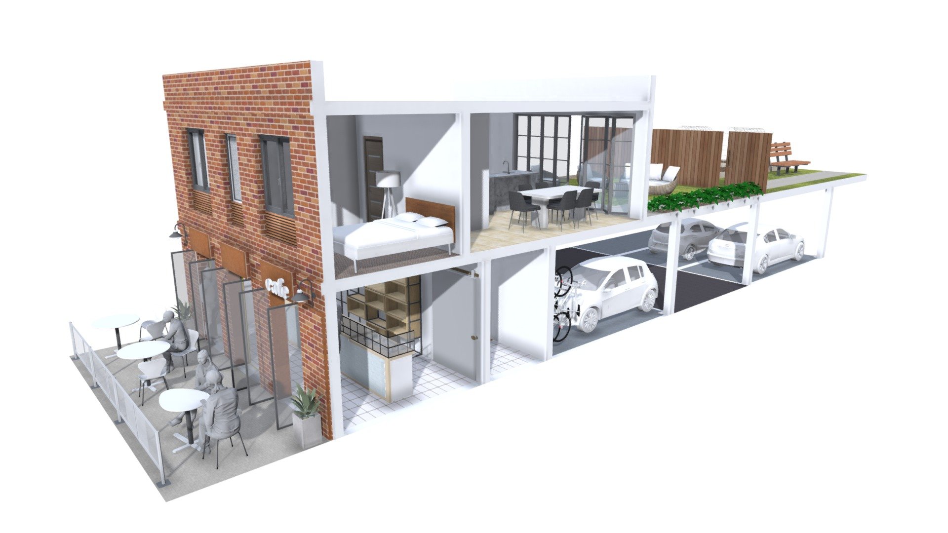 Apartments undercroft parking and cafe frontage 3D model by Capita