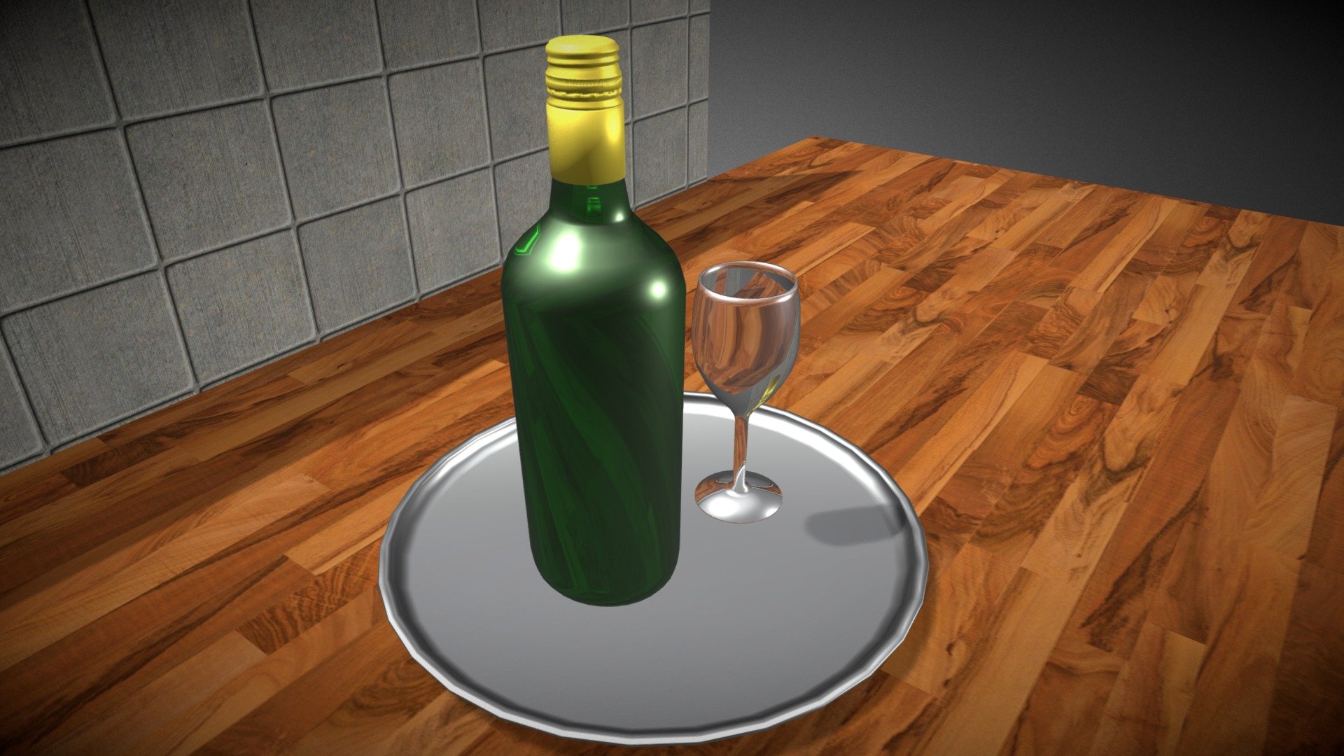 Wine Bottle, Glass and Plate