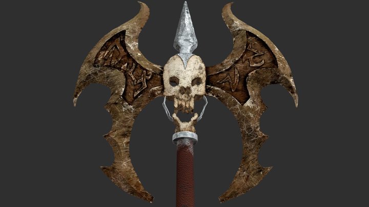 Demonic Double Axe with Skull & Horns 3D Model