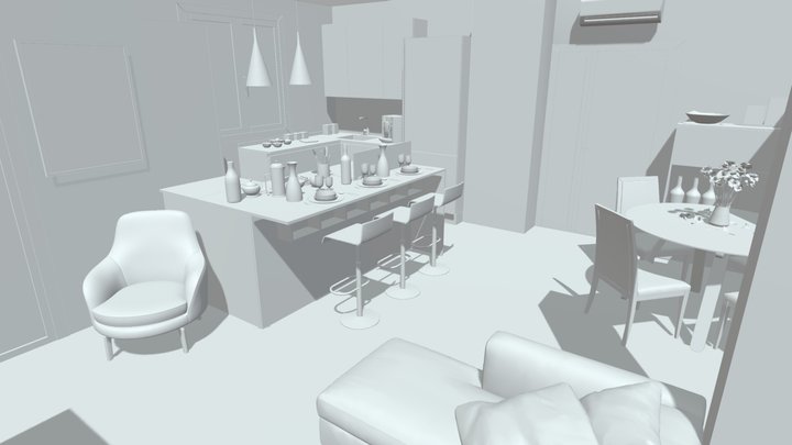 Wireframe Kitchen and Living 3D Model