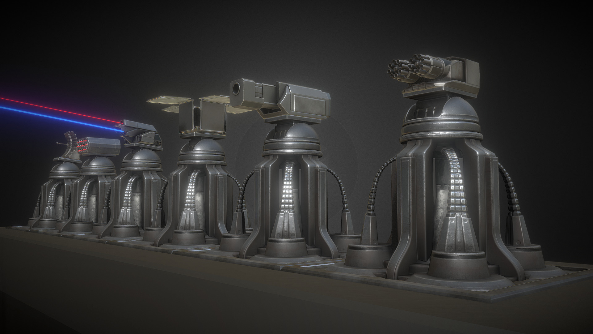 3D model Futuristic Tower Set - This is a 3D model of the Futuristic Tower Set. The 3D model is about a group of metal objects.